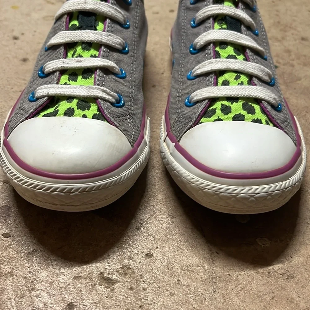 Converse All Star Shoes Gray Neon Animal Print Double Tongue Junior Size 3